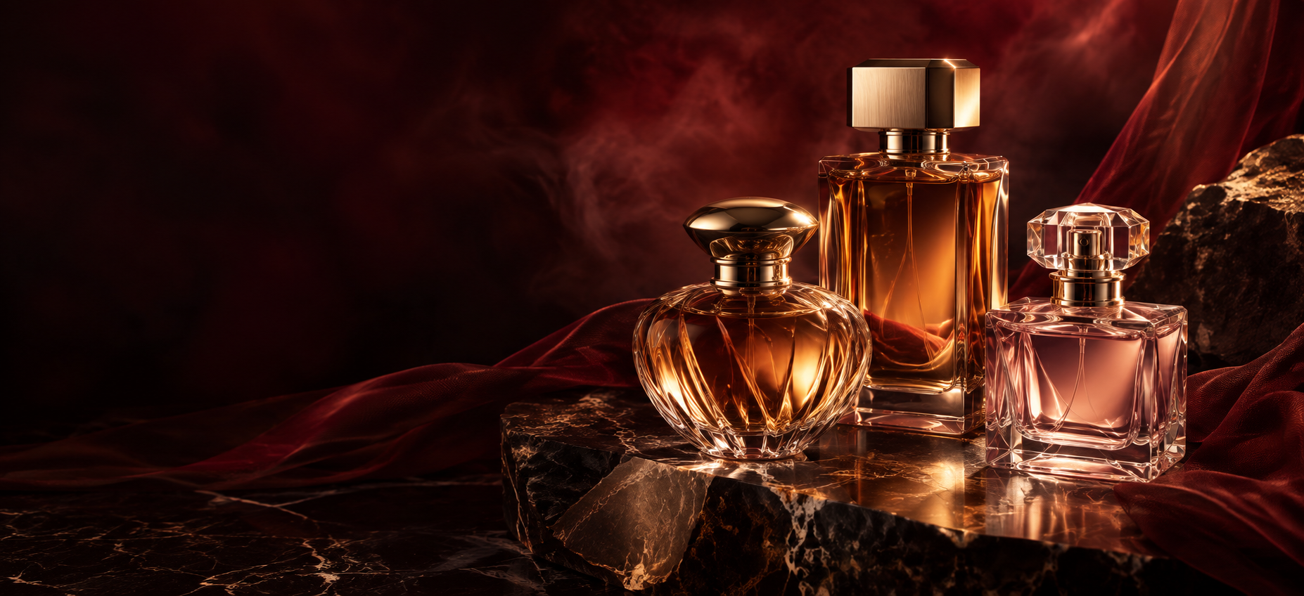Composição artística de frascos de perfume em vidro com iluminação dourada